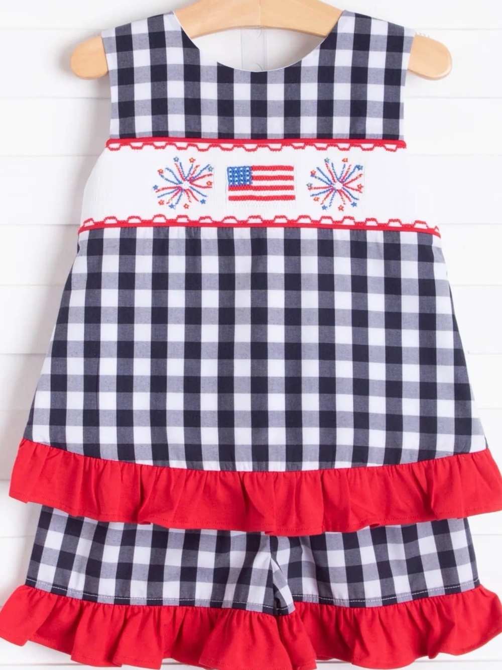 🌟 Stitchy Fish Free to Sparkle 🌟Ruffle Short Set, Navy Check , 2T